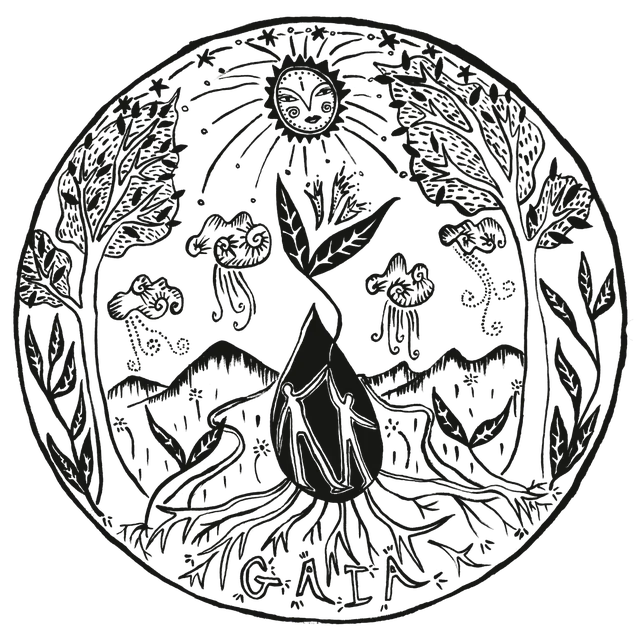 Gaia emblem: a seed sprouting roots and leaves under a smiling sun, between two trees, drawn in ink